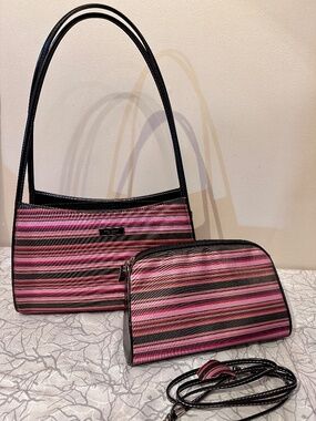 Vintage Kate Spade Striped Shoulder Bag + Crossbody Pouch Y2K Pink Black 2-in-1